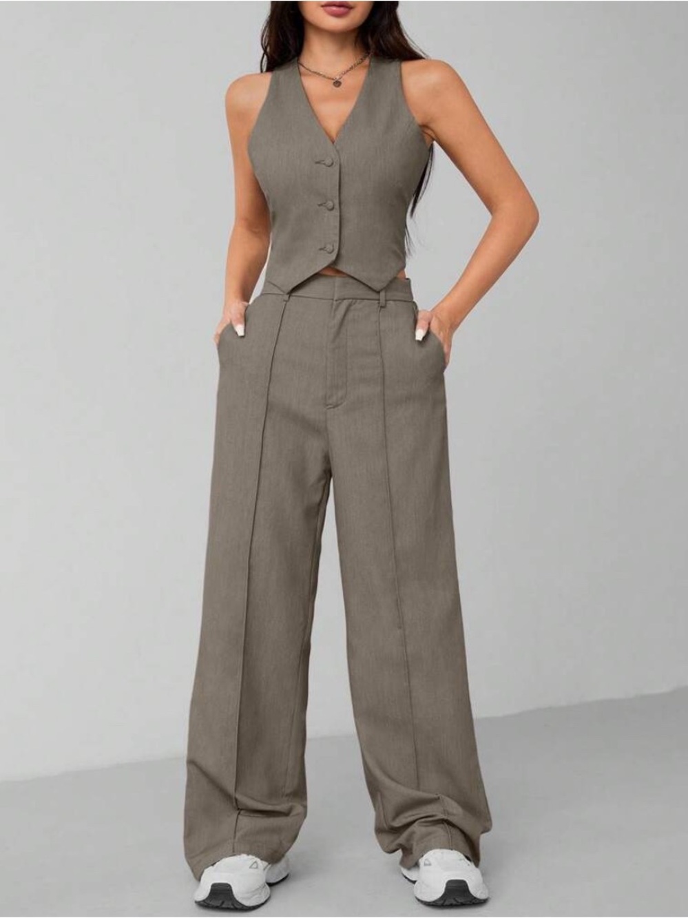 Wide-Leg Taupe Vest & Pants Set - Women